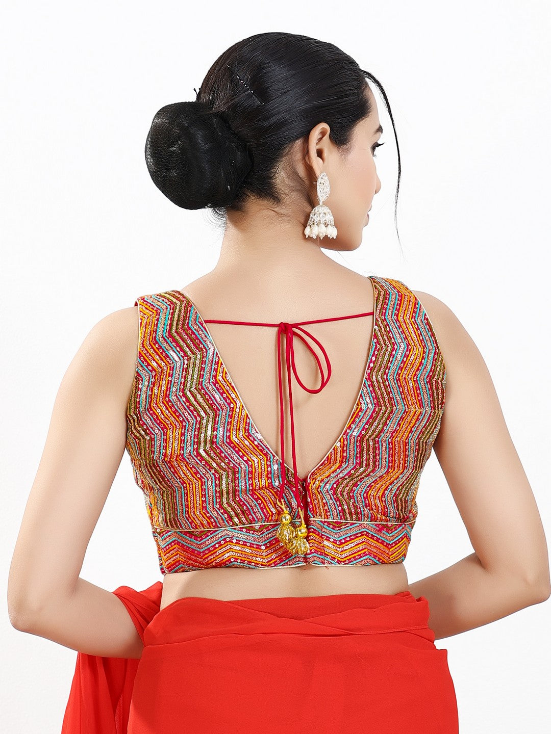 Zigzag Thread Sequence Embroidery V Neck Yoke Blouse