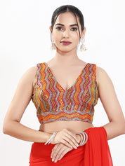 Zigzag Thread Sequence Embroidery V Neck Yoke Blouse