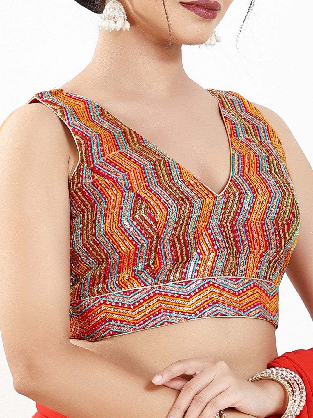Zigzag Thread Sequence Embroidery V Neck Yoke Blouse