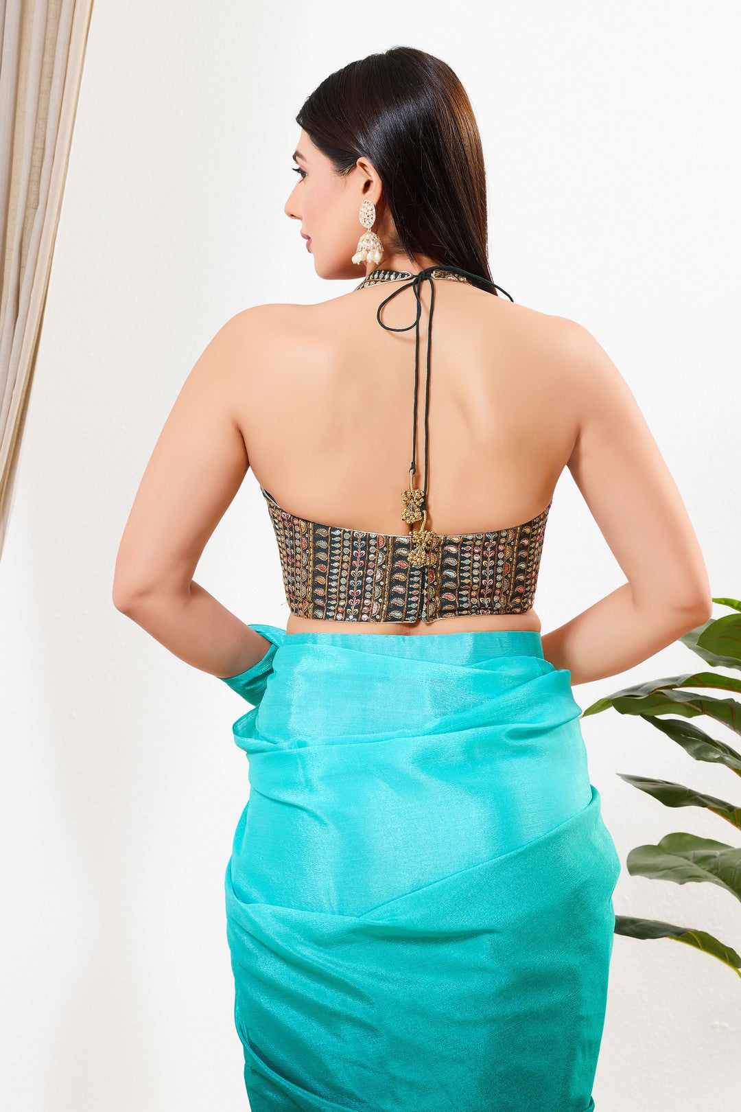 Black Threadwork Halter Neck Blouse