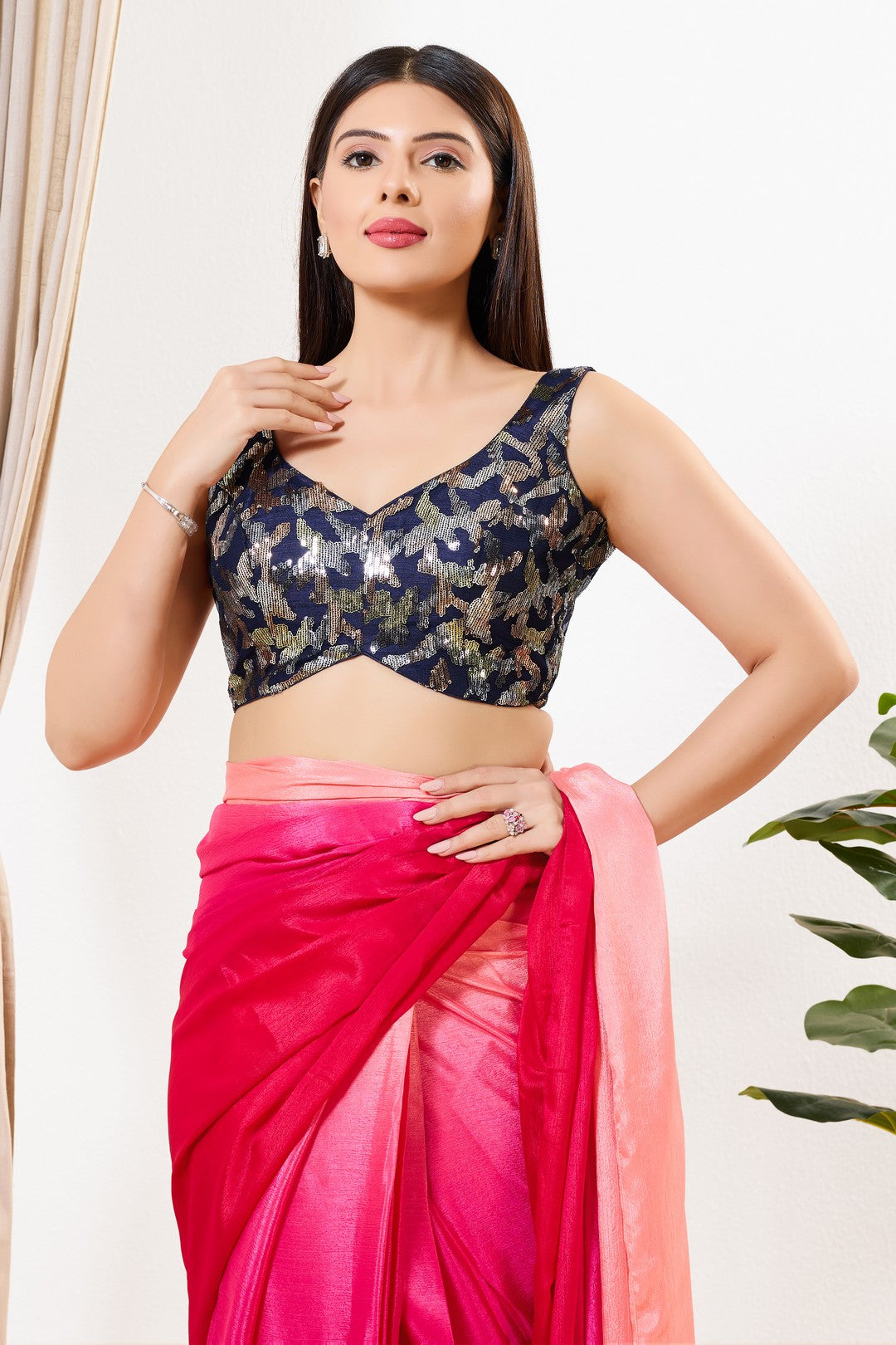 Net Fabric Sequence Paan Neck Sleeveless Blouse
