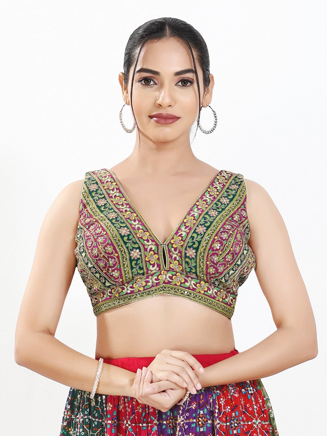 Vamas Floral Embroidery Delicate Yoke Sleeveless Blouse