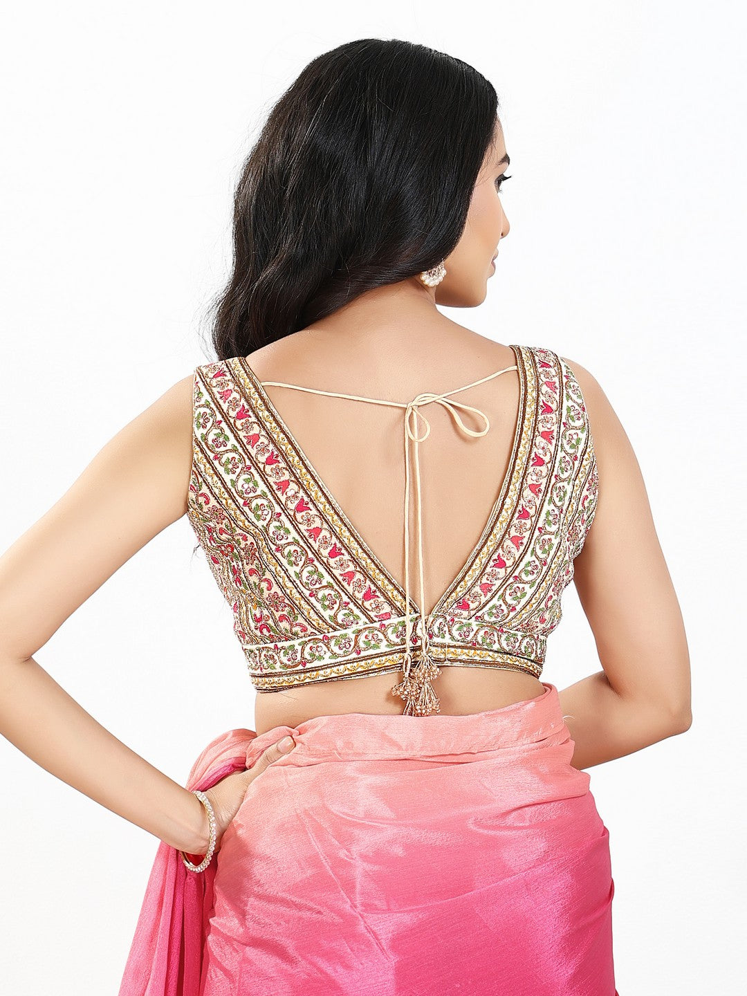 Vamas Floral Embroidery Delicate Yoke Sleeveless Blouse