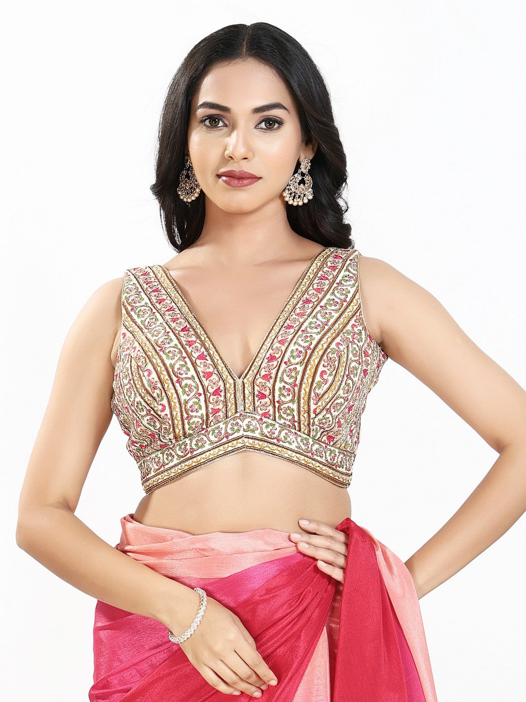 Vamas Floral Embroidery Delicate Yoke Sleeveless Blouse