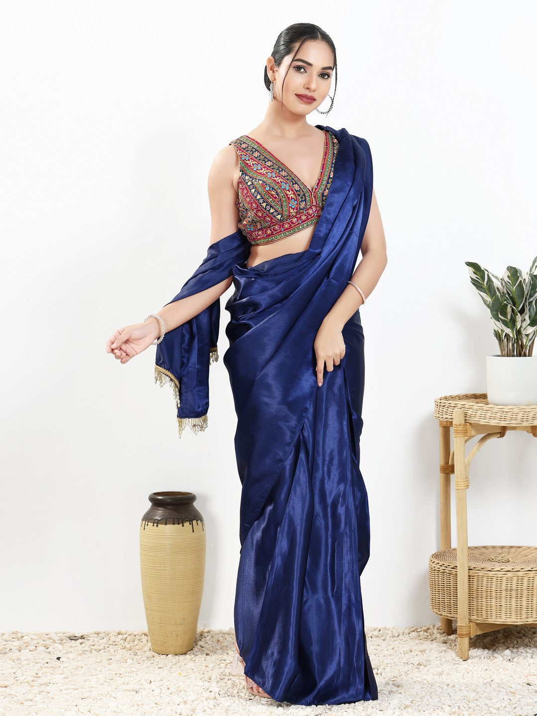 Vamas Floral Embroidery Delicate Yoke Sleeveless Blouse