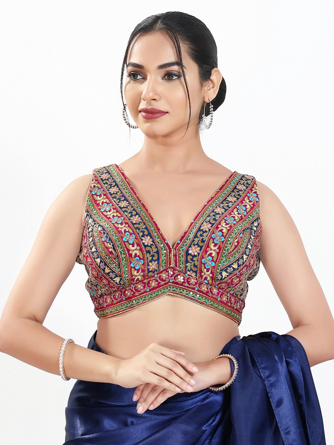 Vamas Floral Embroidery Delicate Yoke Sleeveless Blouse