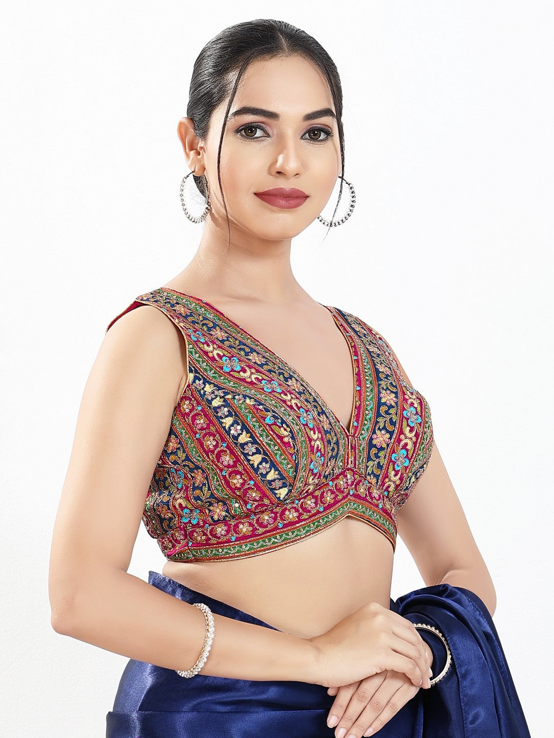 Vamas Floral Embroidery Delicate Yoke Sleeveless Blouse