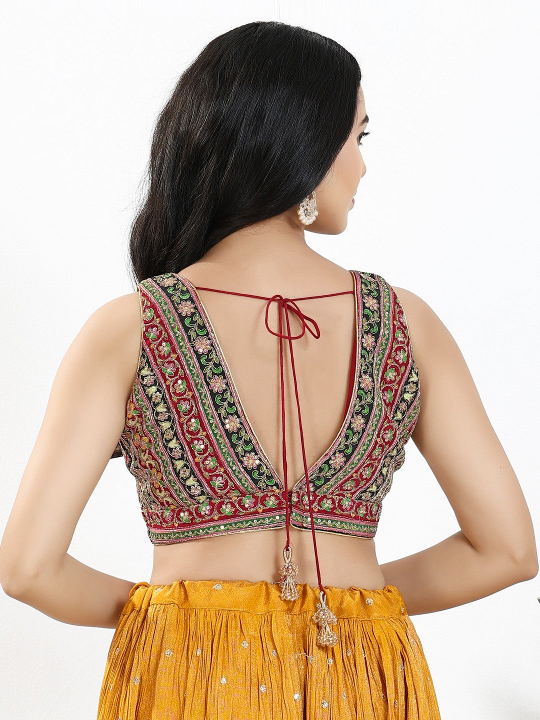 Vamas Floral Embroidery Delicate Yoke Sleeveless Blouse