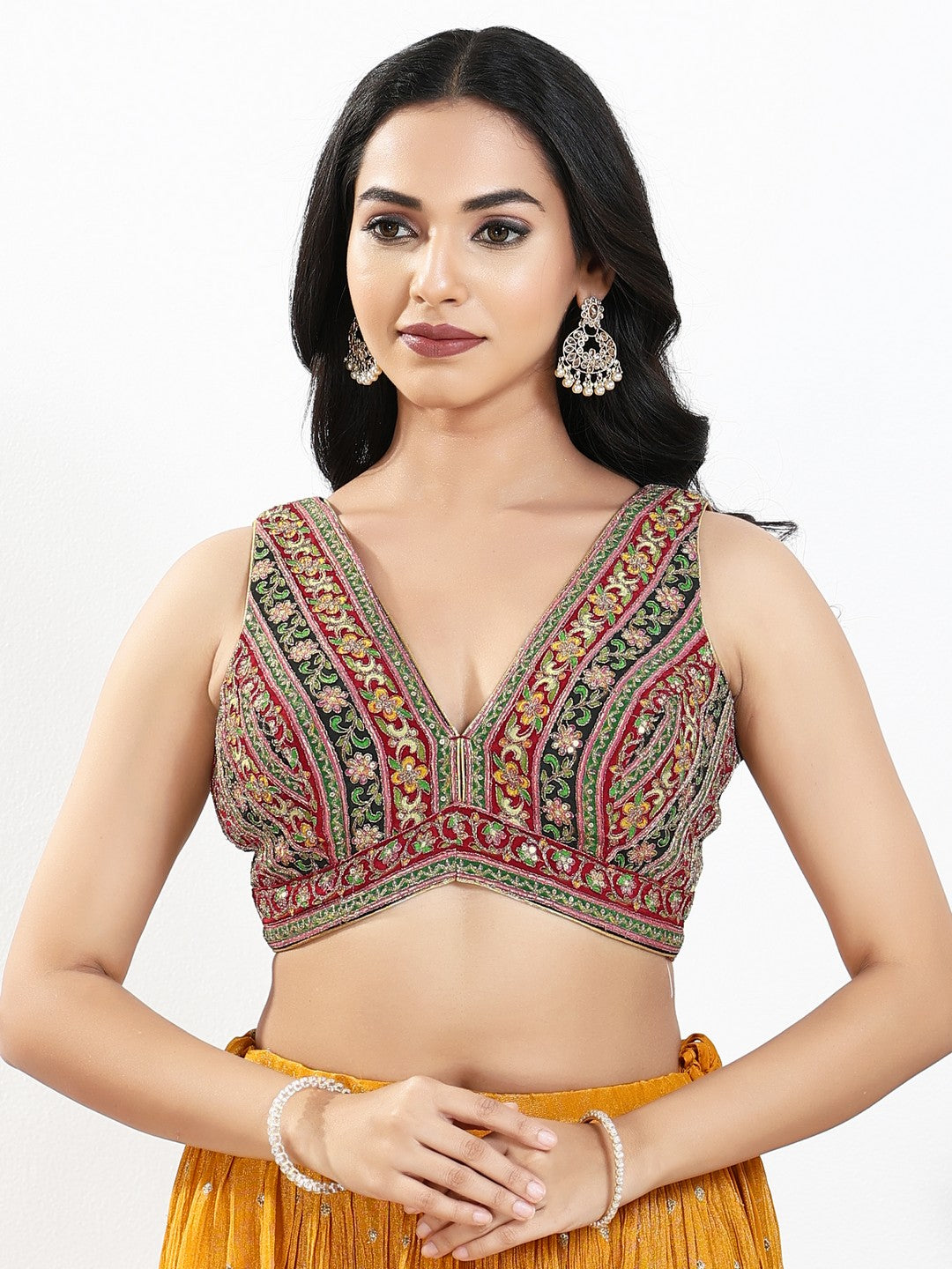 Vamas Floral Embroidery Delicate Yoke Sleeveless Blouse