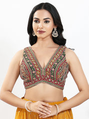 Vamas Floral Embroidery Delicate Yoke Sleeveless Blouse
