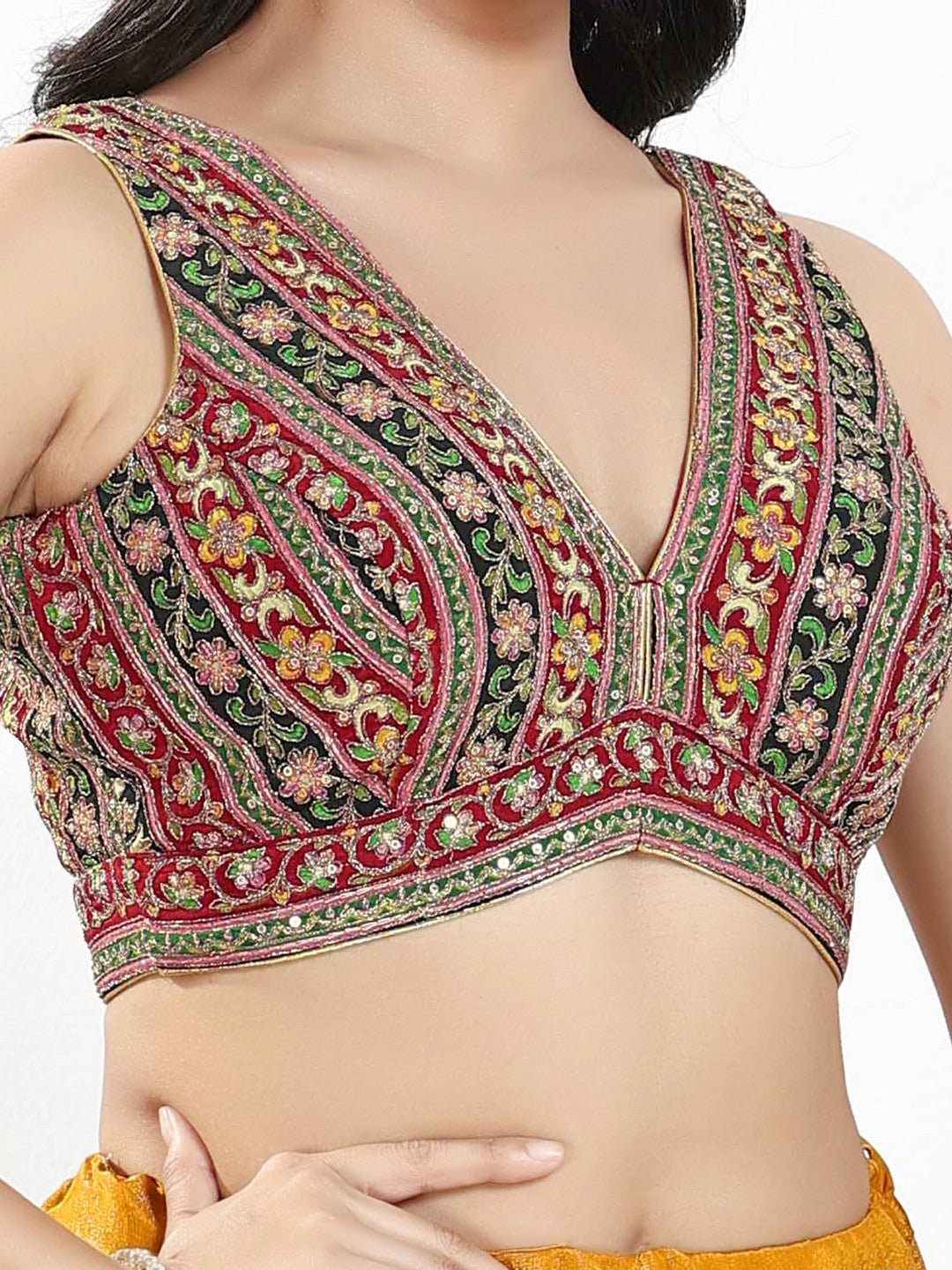 Vamas Floral Embroidery Delicate Yoke Sleeveless Blouse