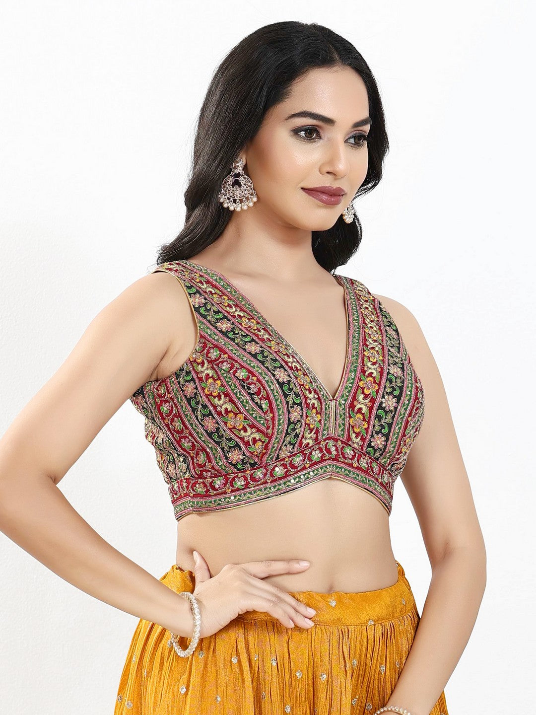 Vamas Floral Embroidery Delicate Yoke Sleeveless Blouse