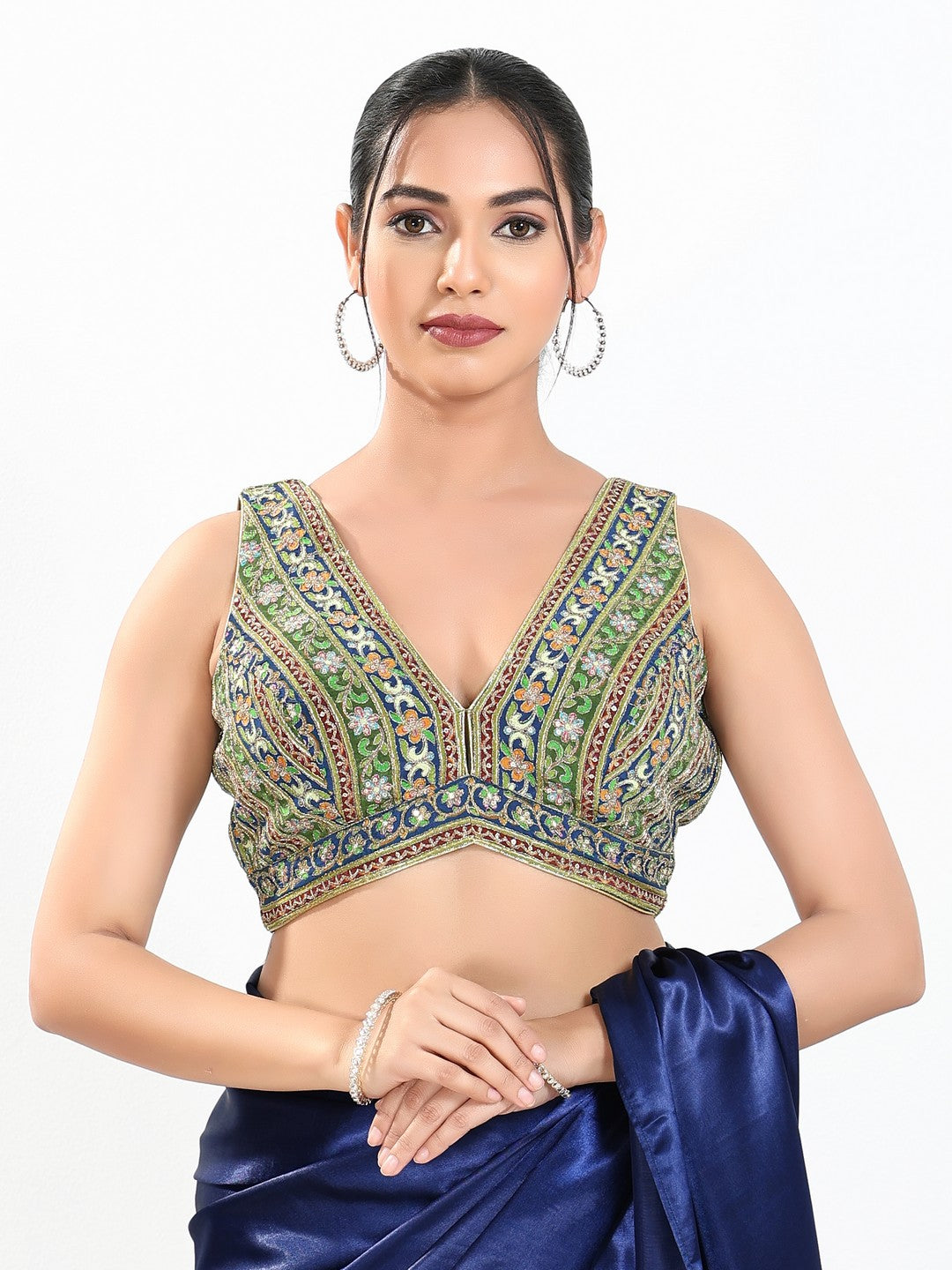 Vamas Floral Embroidery Delicate Yoke Sleeveless Blouse