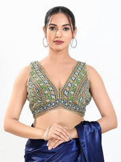 Vamas Floral Embroidery Delicate Yoke Sleeveless Blouse