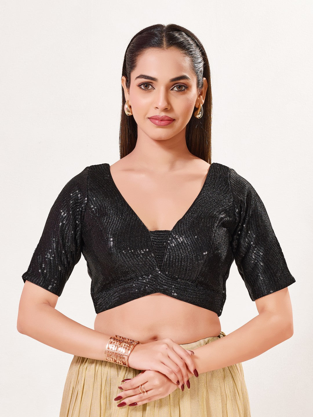 Sequence Deep V Neck Elbow Sleeves Blouse
