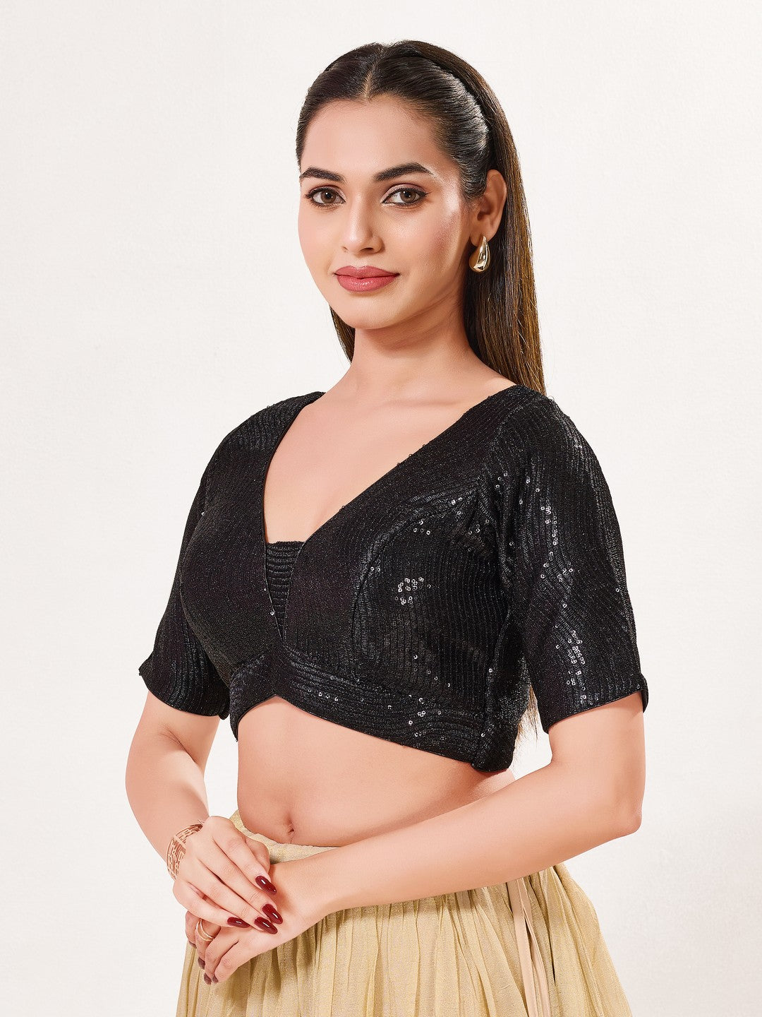 Sequence Deep V Neck Elbow Sleeves Blouse
