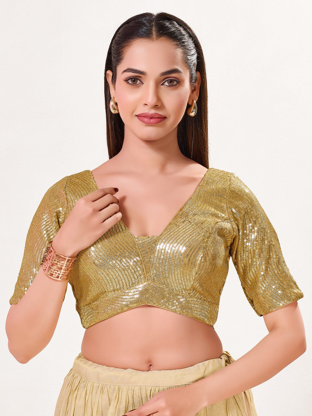 Sequence Deep V Neck Elbow Sleeves Blouse
