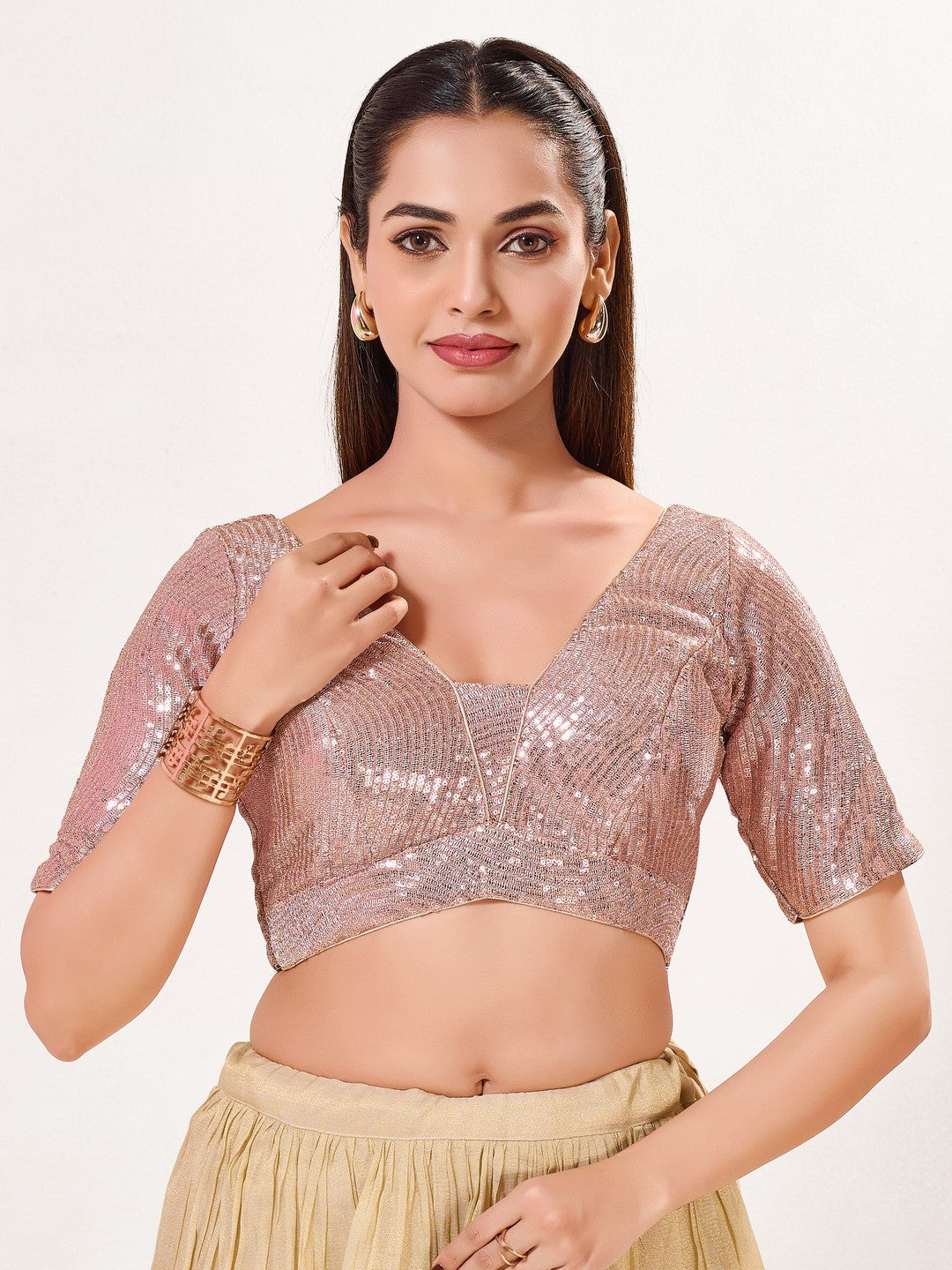 Sequence Deep V Neck Elbow Sleeves Blouse