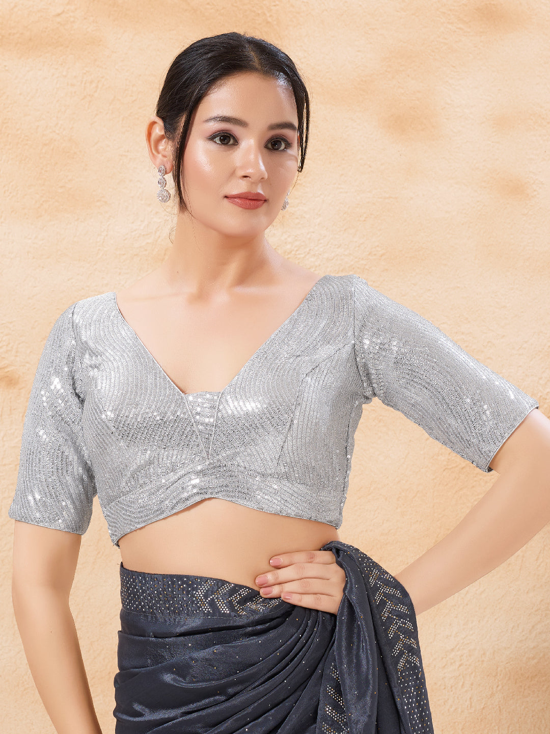 Sequence Deep V Neck Elbow Sleeves Blouse