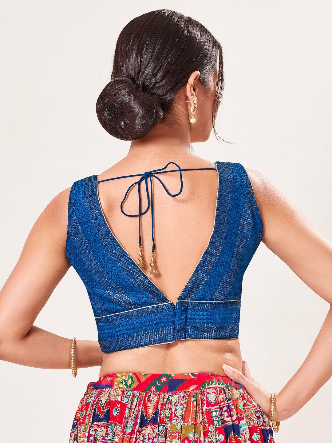 V Neck Thread Sequence Embroidery Yoke Blouse
