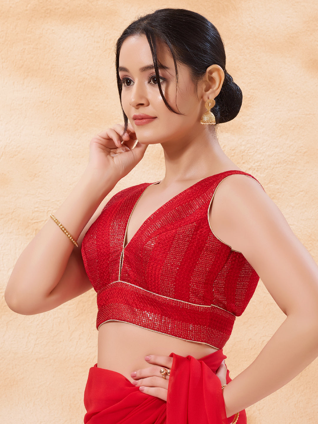 V Neck Thread Sequence Embroidery Yoke Blouse