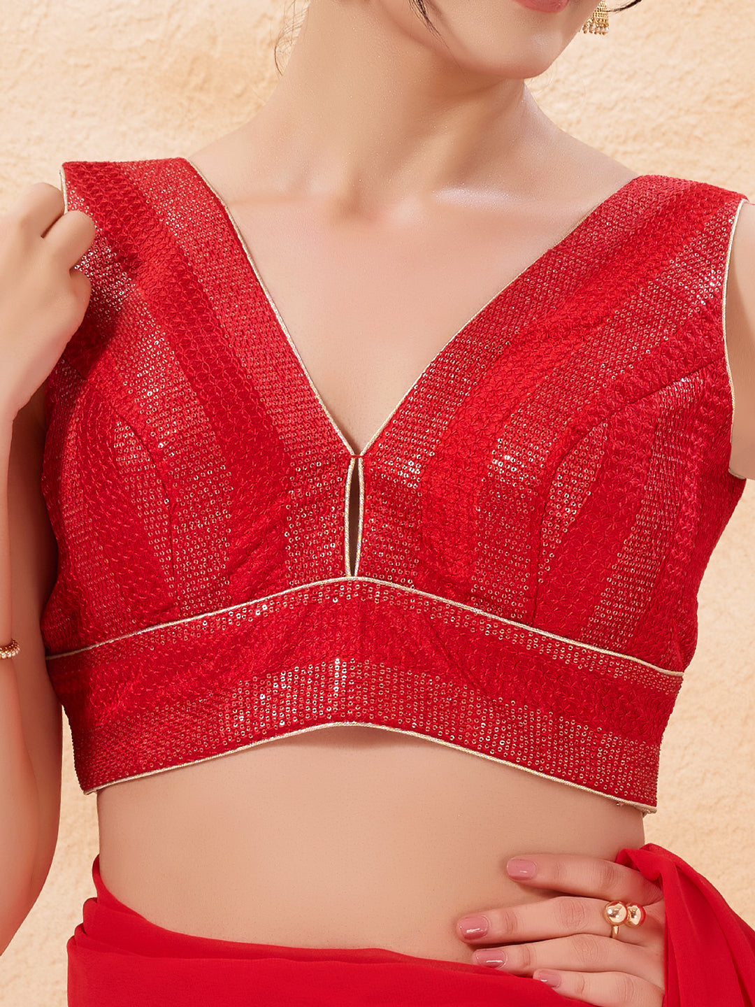 V Neck Thread Sequence Embroidery Yoke Blouse
