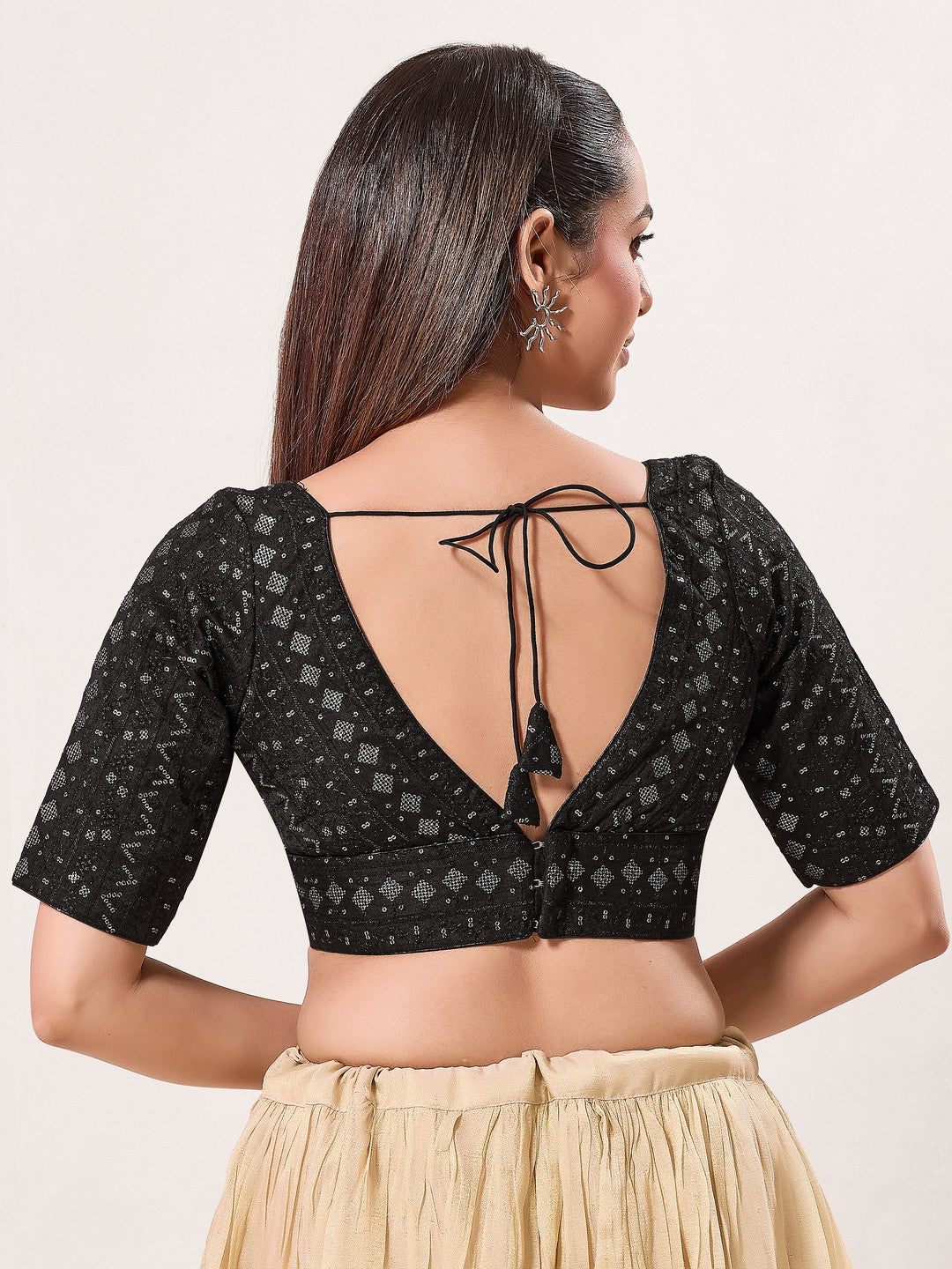 Tissue Zari Lines Embroidery V Neck Elbow Blouse