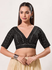 Tissue Zari Lines Embroidery V Neck Elbow Blouse