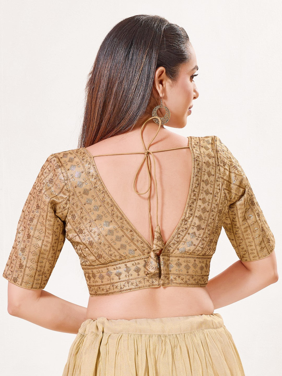 Tissue Zari Lines Embroidery V Neck Elbow Blouse