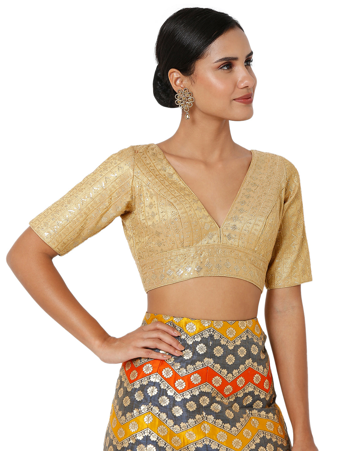 Tissue Zari Lines Embroidery V Neck Elbow Blouse