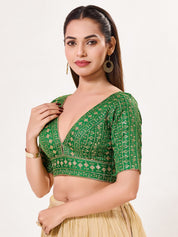 Tissue Zari Lines Embroidery V Neck Elbow Blouse