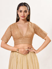 Tissue Zari Lines Embroidery V Neck Elbow Blouse