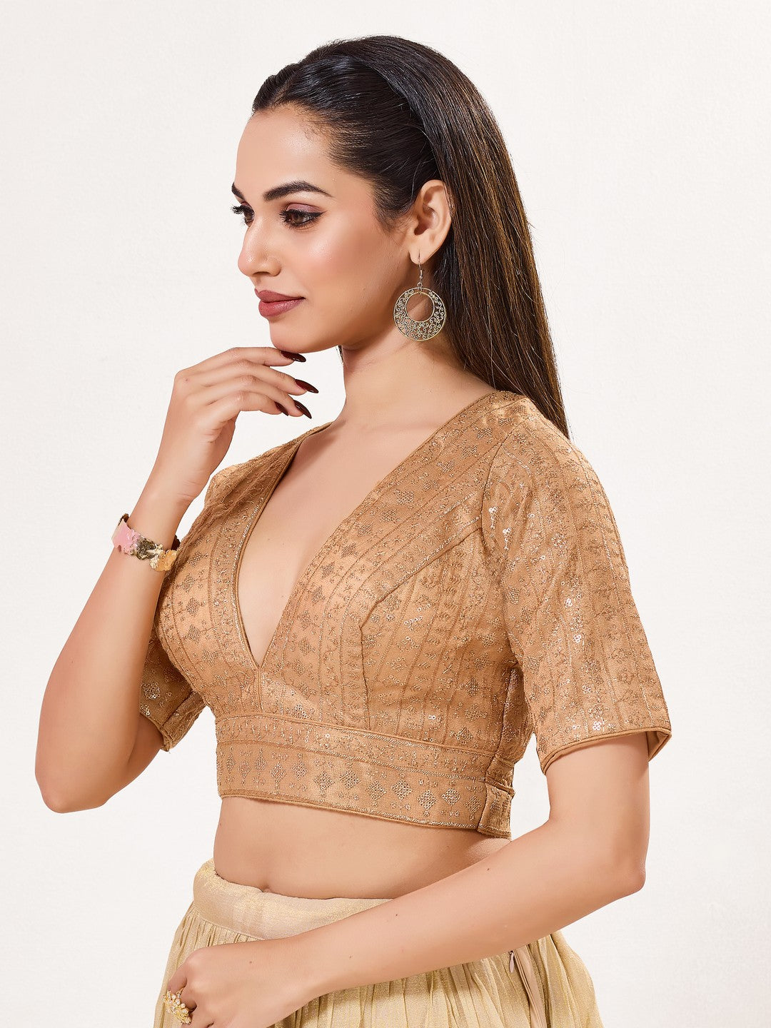 Tissue Zari Lines Embroidery V Neck Elbow Blouse