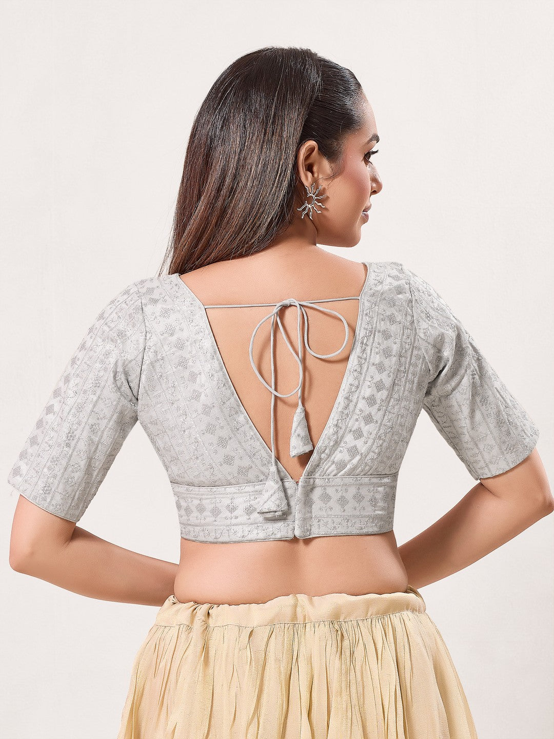 Tissue Zari Lines Embroidery V Neck Elbow Blouse