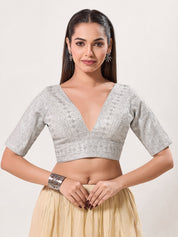 Tissue Zari Lines Embroidery V Neck Elbow Blouse