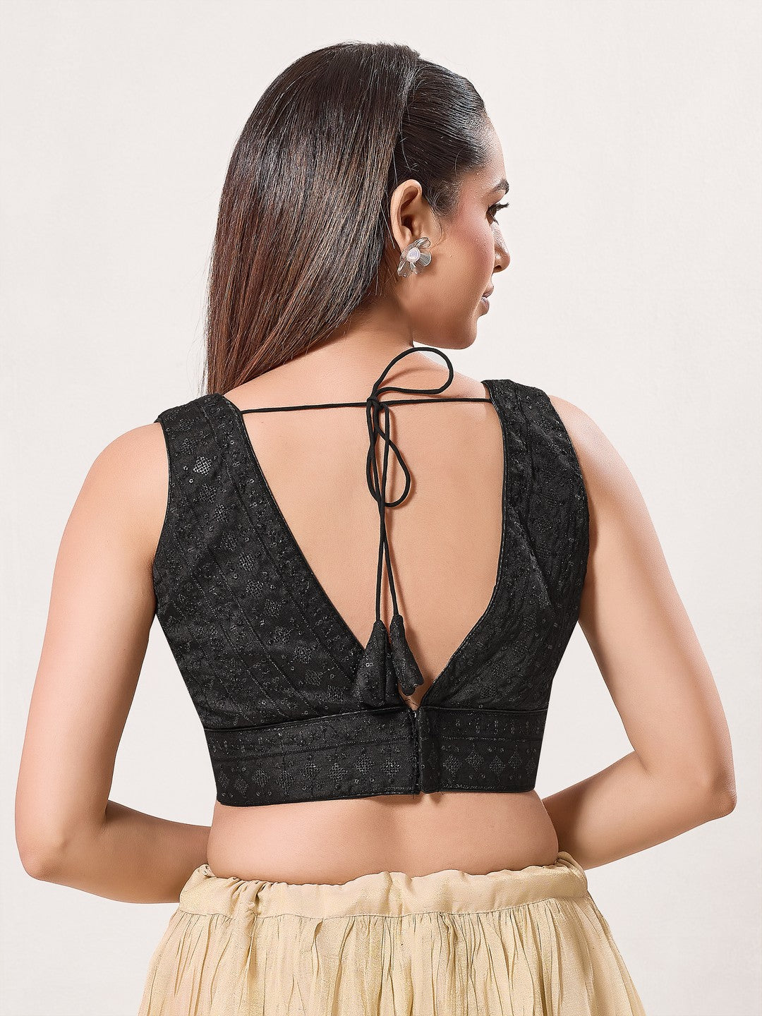 Threadwork Sequence Embroidered V Neck Sleeveless Blouse