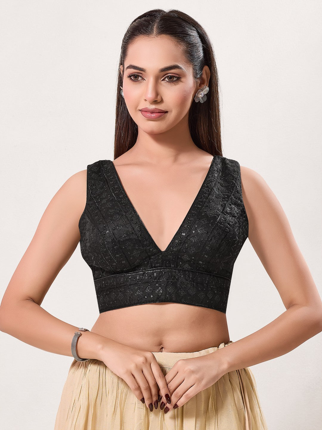 Threadwork Sequence Embroidered V Neck Sleeveless Blouse