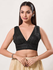 Threadwork Sequence Embroidered V Neck Sleeveless Blouse