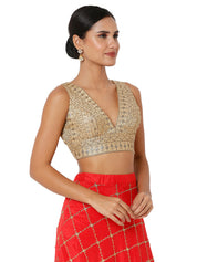Threadwork Sequence Embroidered V Neck Sleeveless Blouse