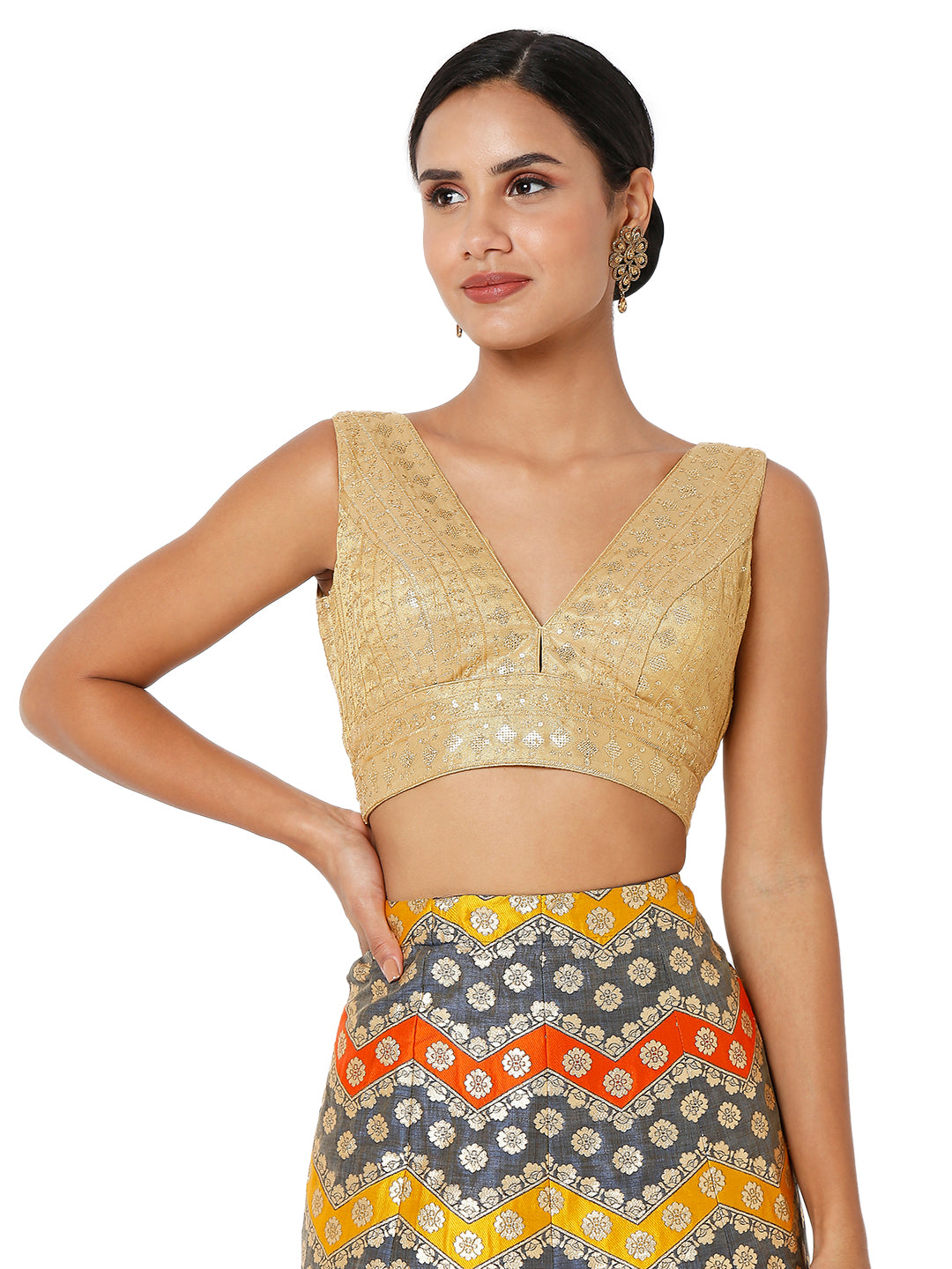 Threadwork Sequence Embroidered V Neck Sleeveless Blouse