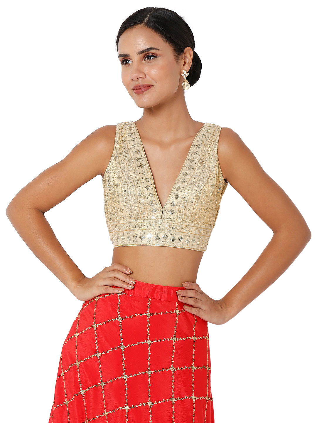 Threadwork Sequence Embroidered V Neck Sleeveless Blouse