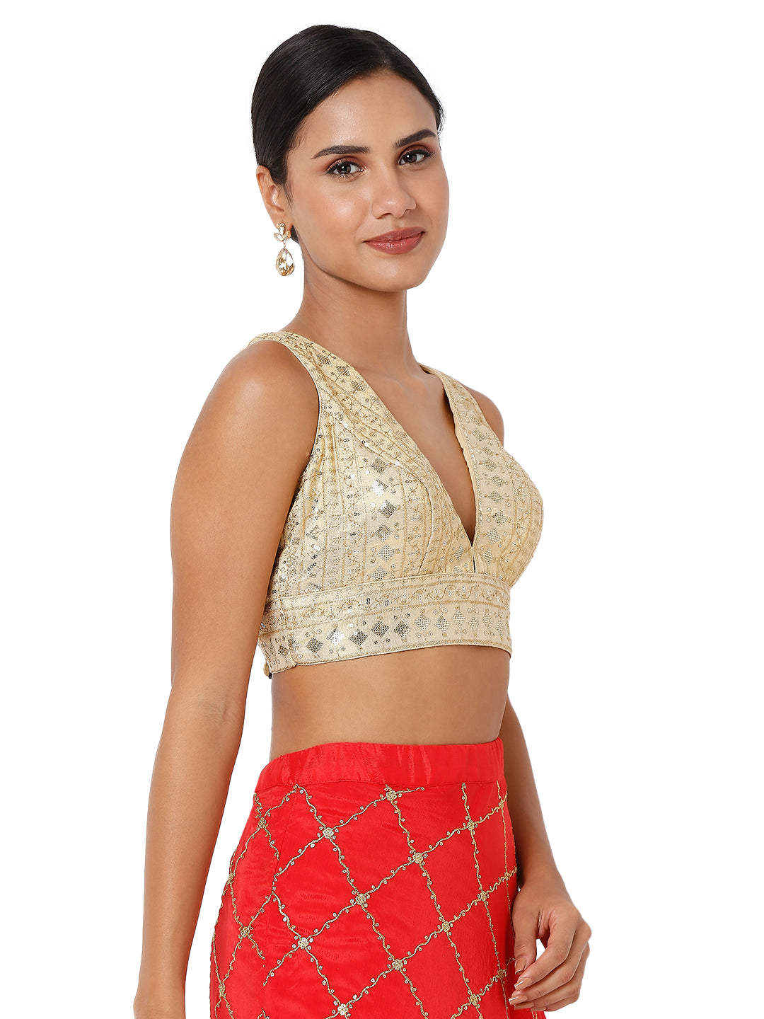 Threadwork Sequence Embroidered V Neck Sleeveless Blouse