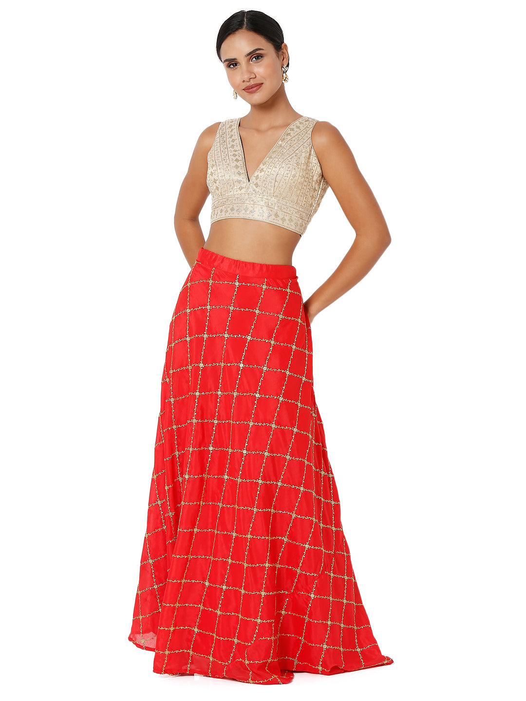 Threadwork Sequence Embroidered V Neck Sleeveless Blouse