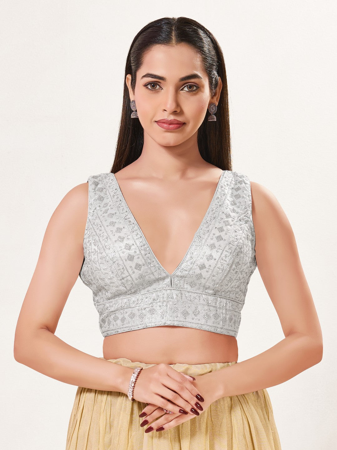 Threadwork Sequence Embroidered V Neck Sleeveless Blouse