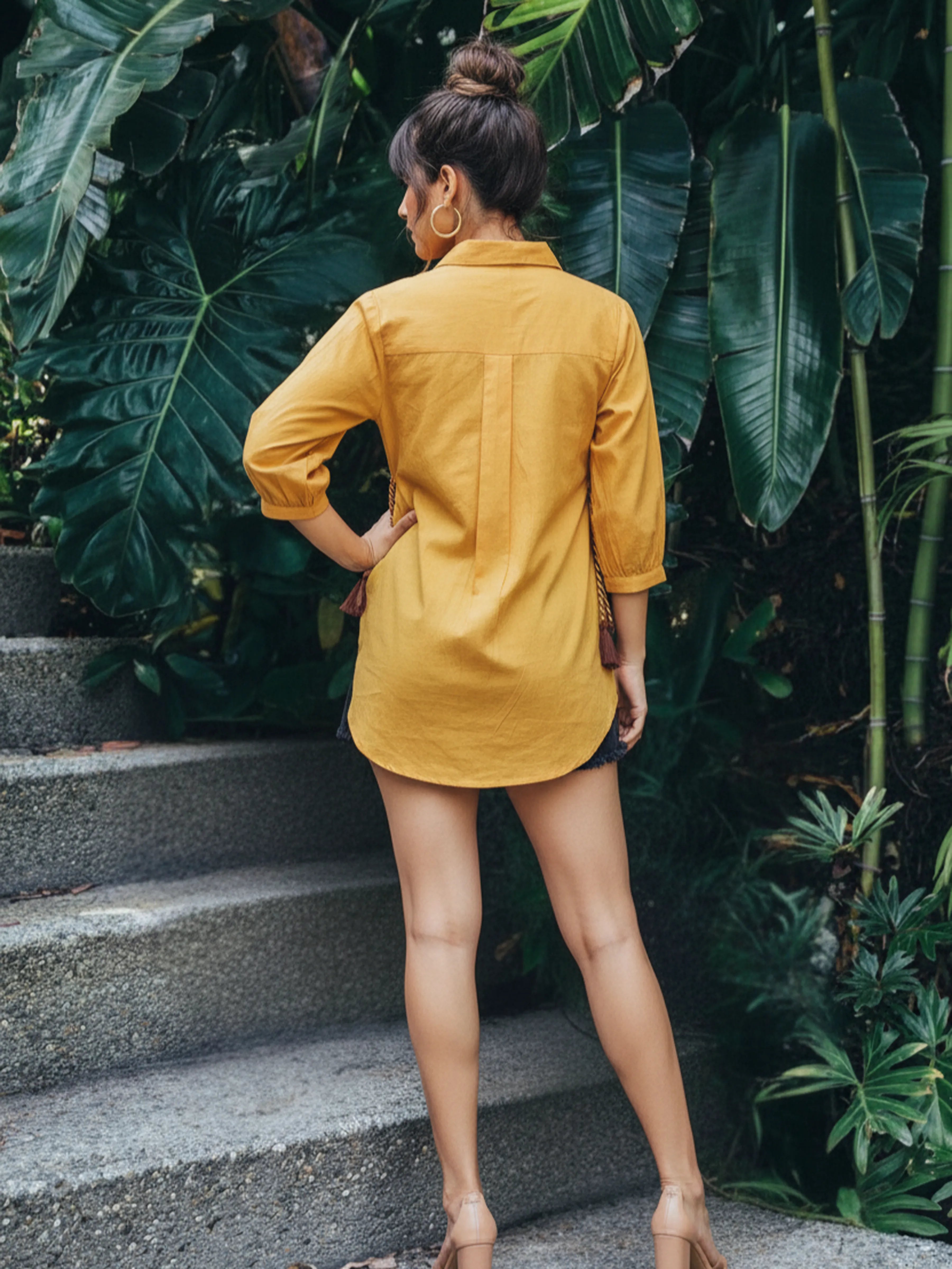 Yellow Embroidered Cotton Shirt Top