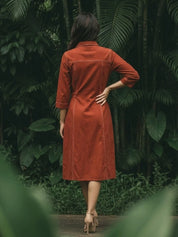 Rustic Red Cotton Shirt Dress with Printed Pocket Detail in Cotton
