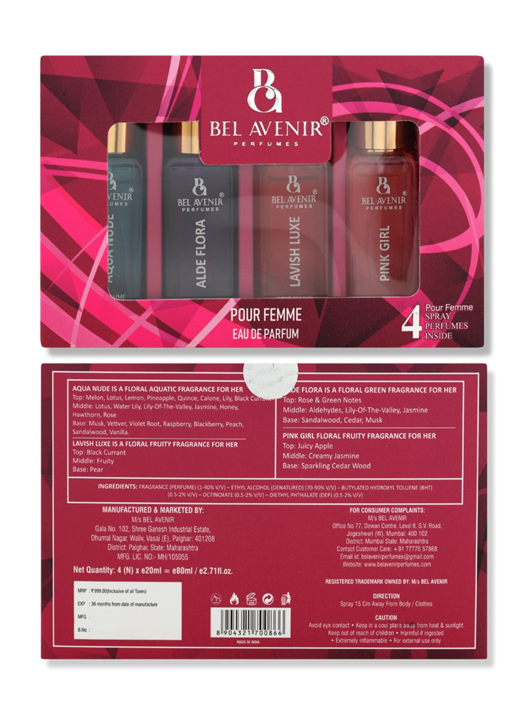 Bel Avenir Women's Pocket Perfume Gift Set – 4 x 20ml