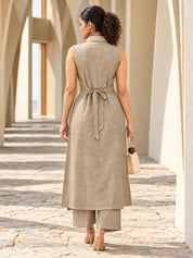 Beige Sleeveless Sequin Detail Kurta Set in Vatican Fabric