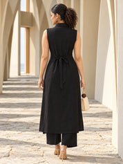 Black Sleeveless Sequin Detail Kurta Set in Vatican Fabric