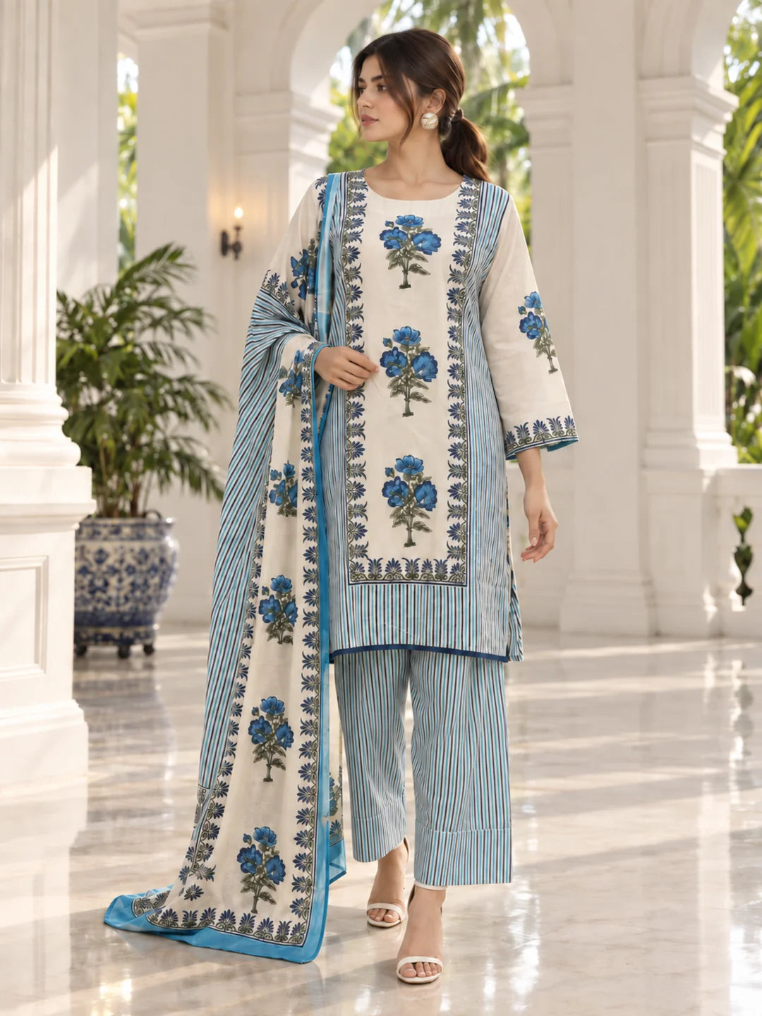 Blue and Cream Floral Stripe Kurta Set with Dupatta in Cotton